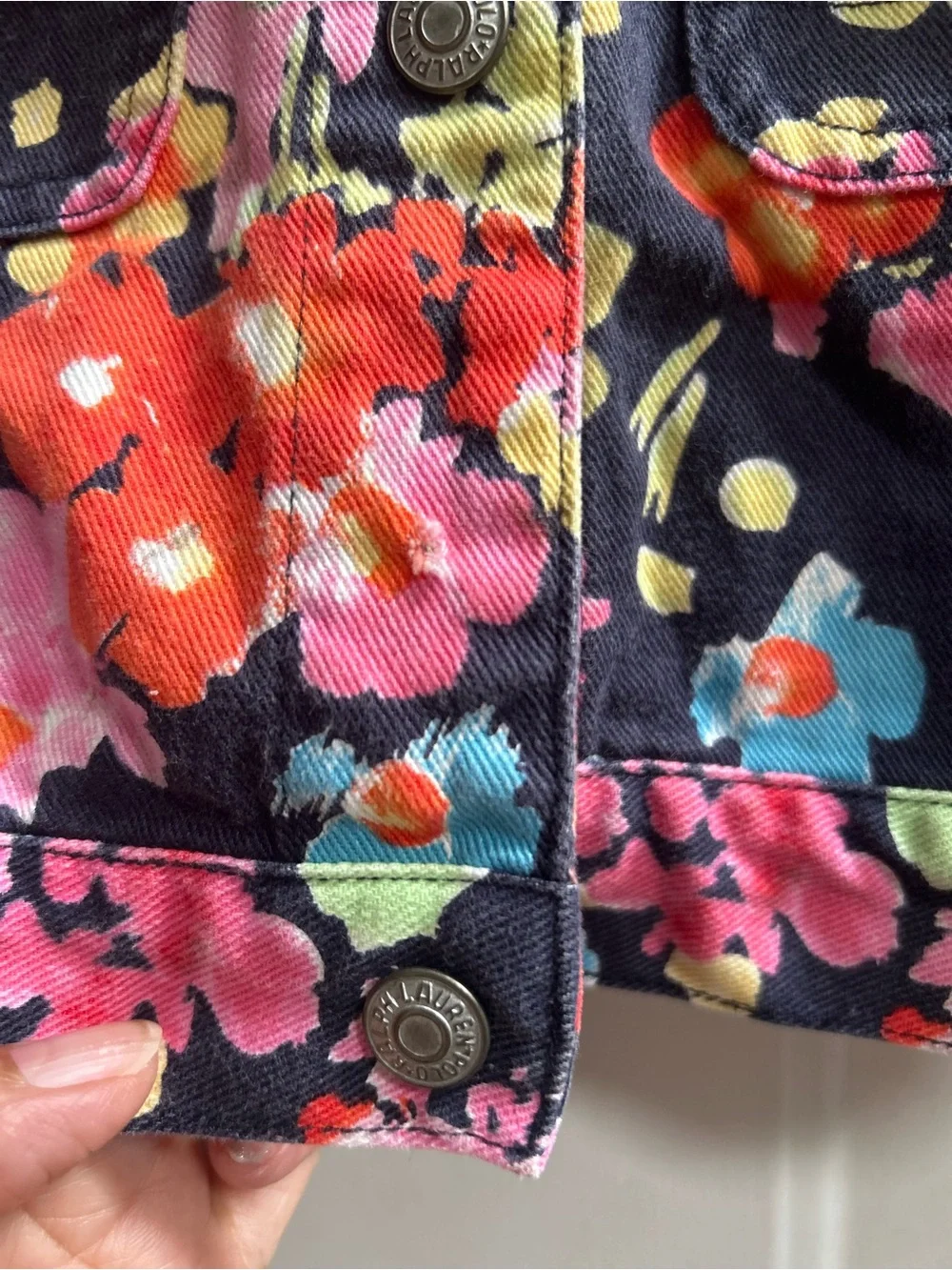 Ralph Lauren Black Floral Print Denim Jacket with Bright Blooms Sz 4T